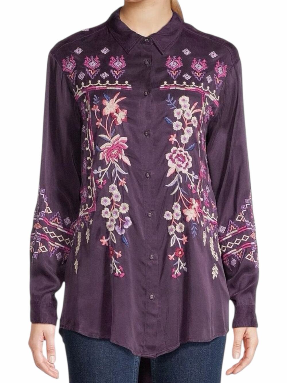 Johnny Was Curacao Floral Embroidered Oversized Tunic Shirt Size XS